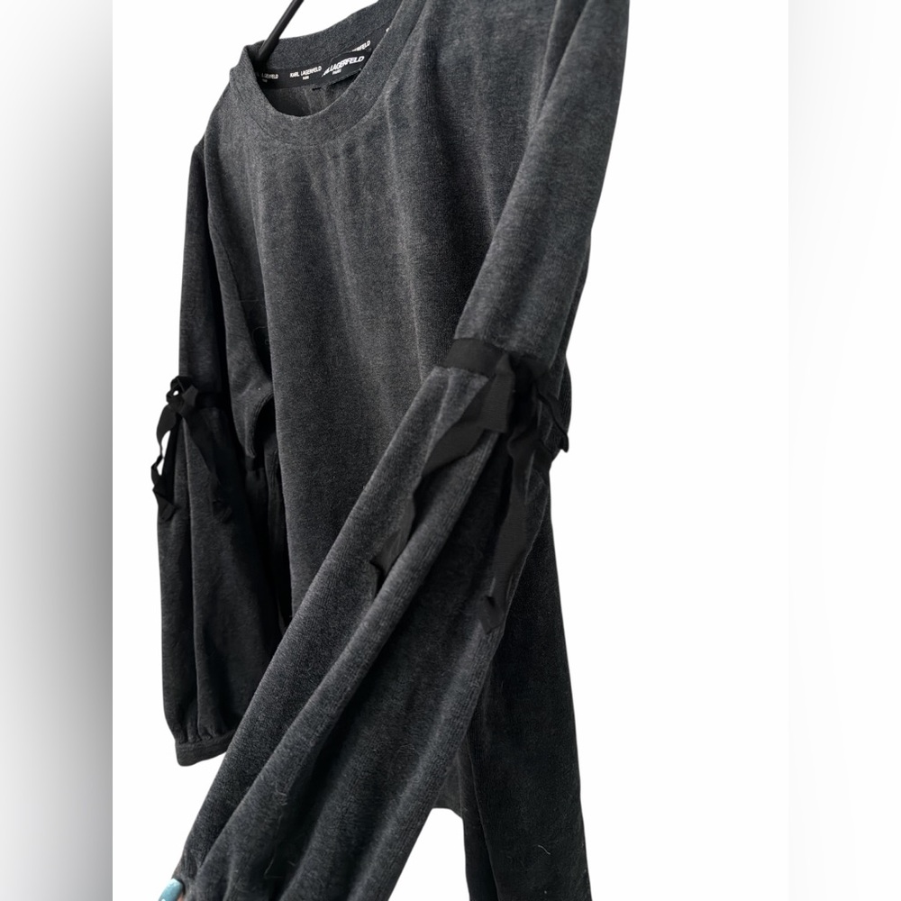 Karl Lagerfeld Charcoal Velour Sweatshirt with Ribbon Accents - Picture 2 of 5